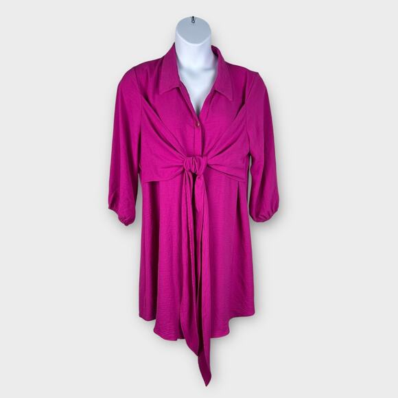 Verxy 3X Womens Pink Short Sleeve Blouse Shirt Dress Tie Front Knee Length - Picture 2 of 8